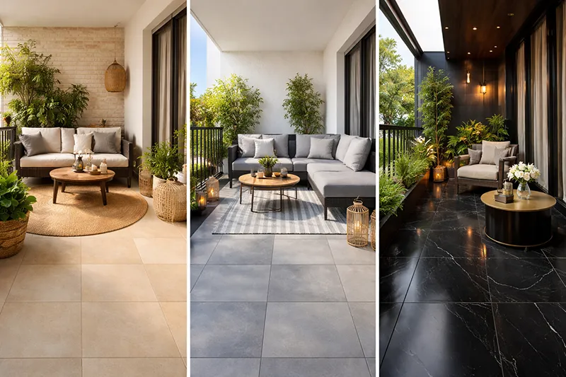 تصویر سه قسمتی از سه تراس با رنگ های سرامیک طوسی، مشکی و بژ